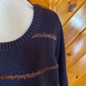 Torrid Navy Blue Tinsel Stripe Metallic Fringe Scoop Neck Sweater Sparkly 2 Plus